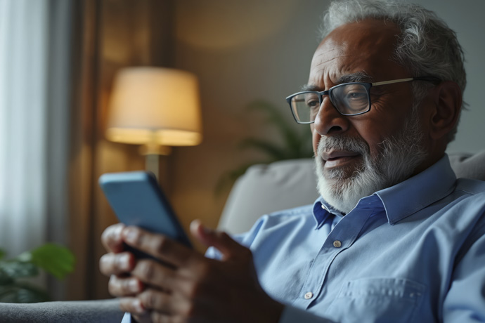 Paciente utilizando una aplicación de salud en su smartphone en casa.